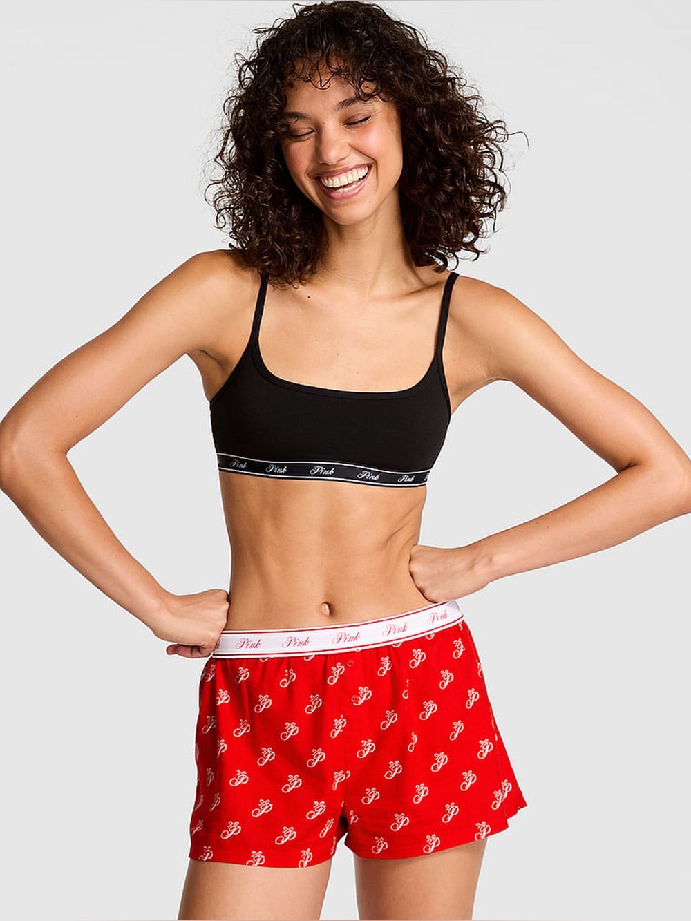 Victoria’s Secret PINK Red Flannel Logo Foldover Waist Boxer Sleep Shorts Pyjama